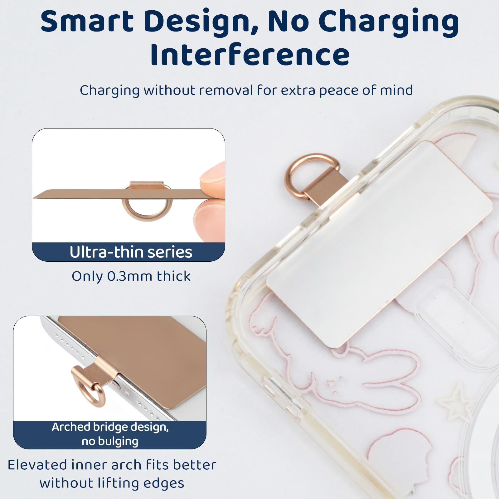 Languettes universelles d'attache de téléphone - Lanière fine de rechange pour coque intégrale (or, noir, or rose)