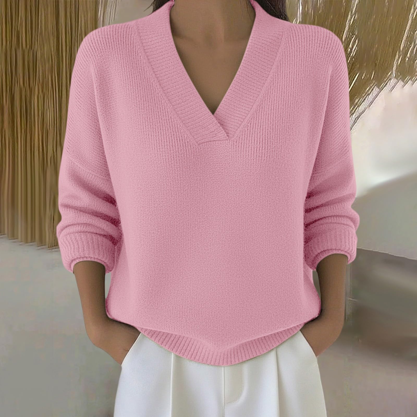 Generisch Hoodie Damen ohne Kapuze Sweatshirt Damen ohne Kapuze Warm Damenpullover Nw Herbst Pulli V-Ausschnitt Casual Langarmshirts Übergroße Passform Elegante Sweatpullover Transition Frühling