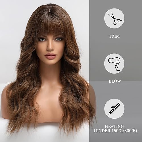 Miniatura 4 de HAIRCUBE Pelucas marrones con flequillo, pelucas sintéticas de cabello rizado, largo ondulado natural, resistente al calor, pelucas para mujeres