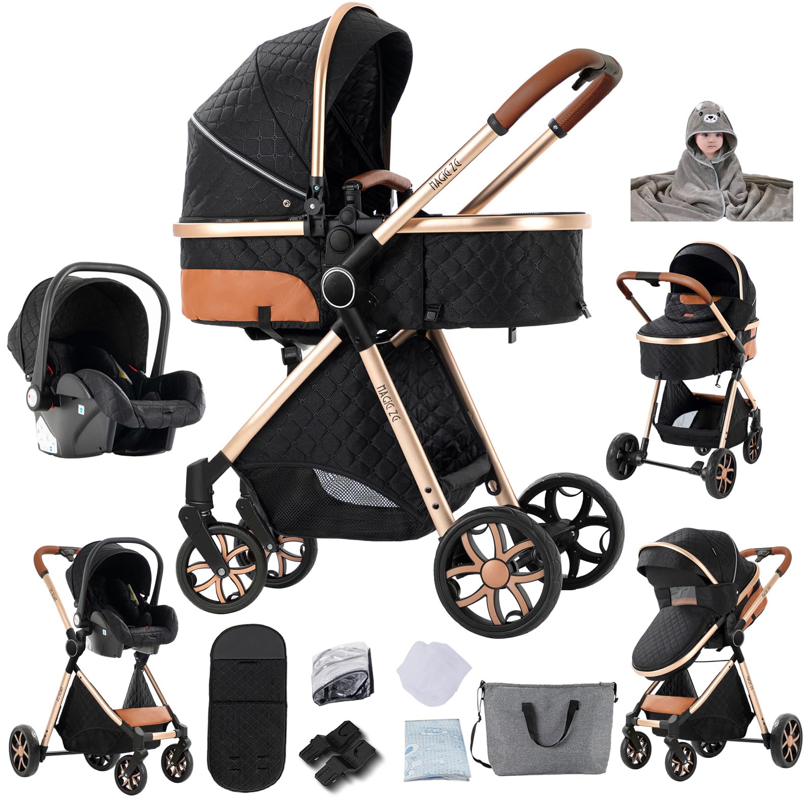 Magic ZC Kinderwagen 3 in 1, Buggy mit Umkehrbarem Zwei-Wege-Schub, Kombikinderwagen Faltbarem Tragbarem One-Click-Design, Kinderwagen 3 in 1 Komplettset mit Zubehör (YV9 Black)