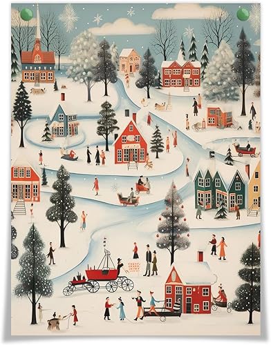 Lienzo decorativo de pared vintage de Navidad, alegres decoraciones navideñas y póster de animación, impresión de imágenes nevadas de aldea para