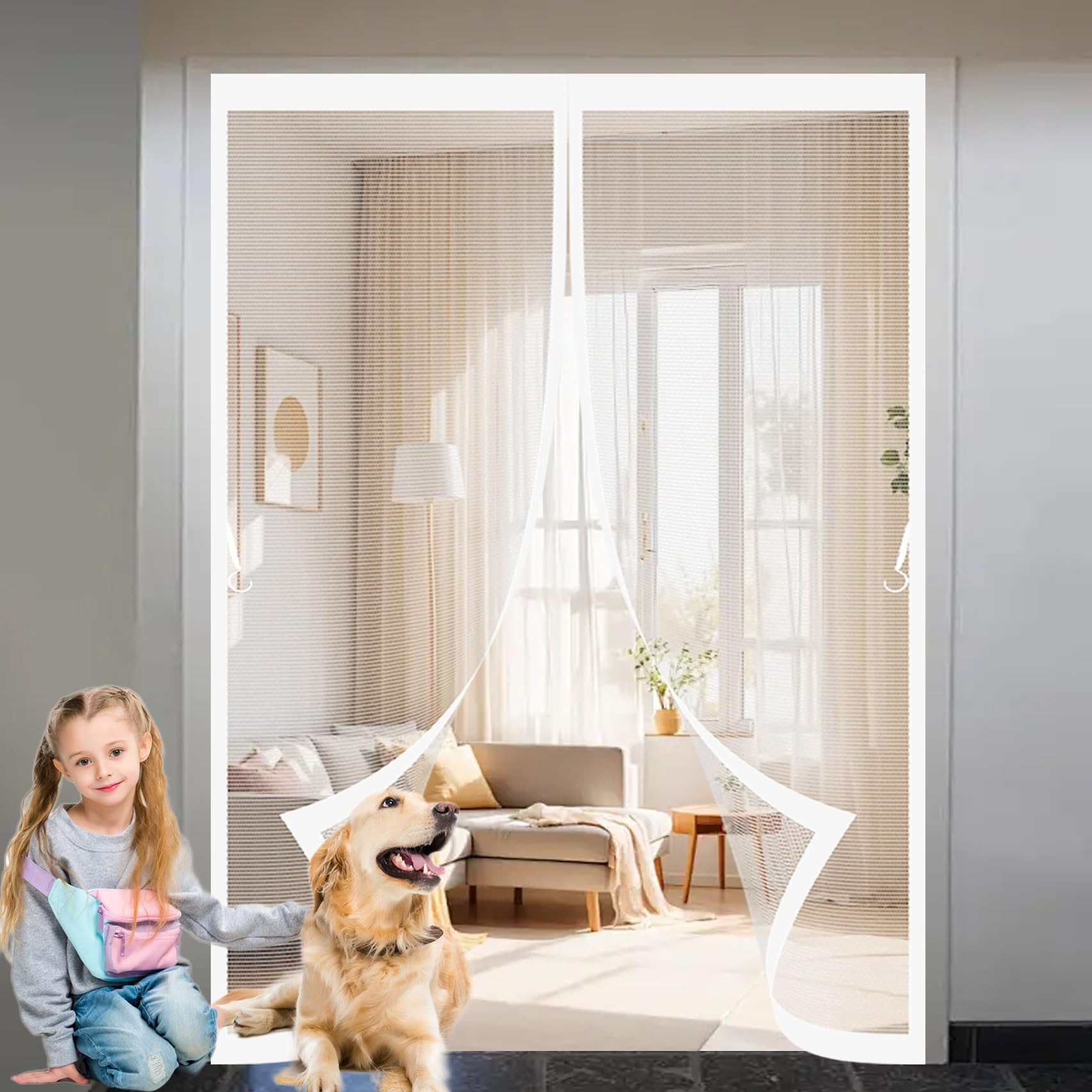 Moustiquaire porte magnétique sans perçage avec maille fine blanche anti-moustiques