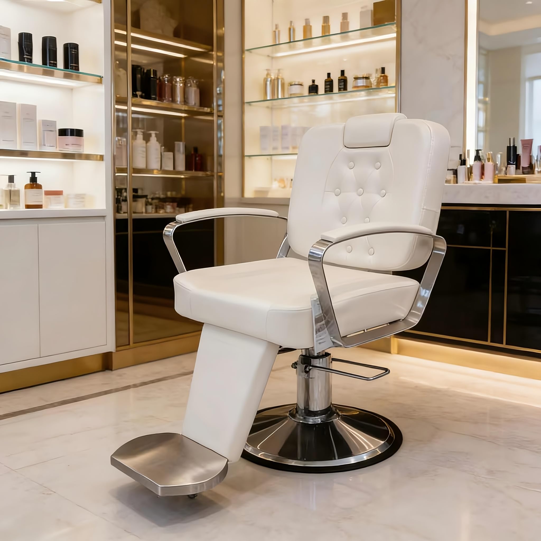 Poltrona da barbiere idraulica girevole a 360° reclinabile, in pelle PU impermeabile, colore bianco perla brillante, con poggiapiedi, multiuso per parrucchiere, trucco e tatuaggio