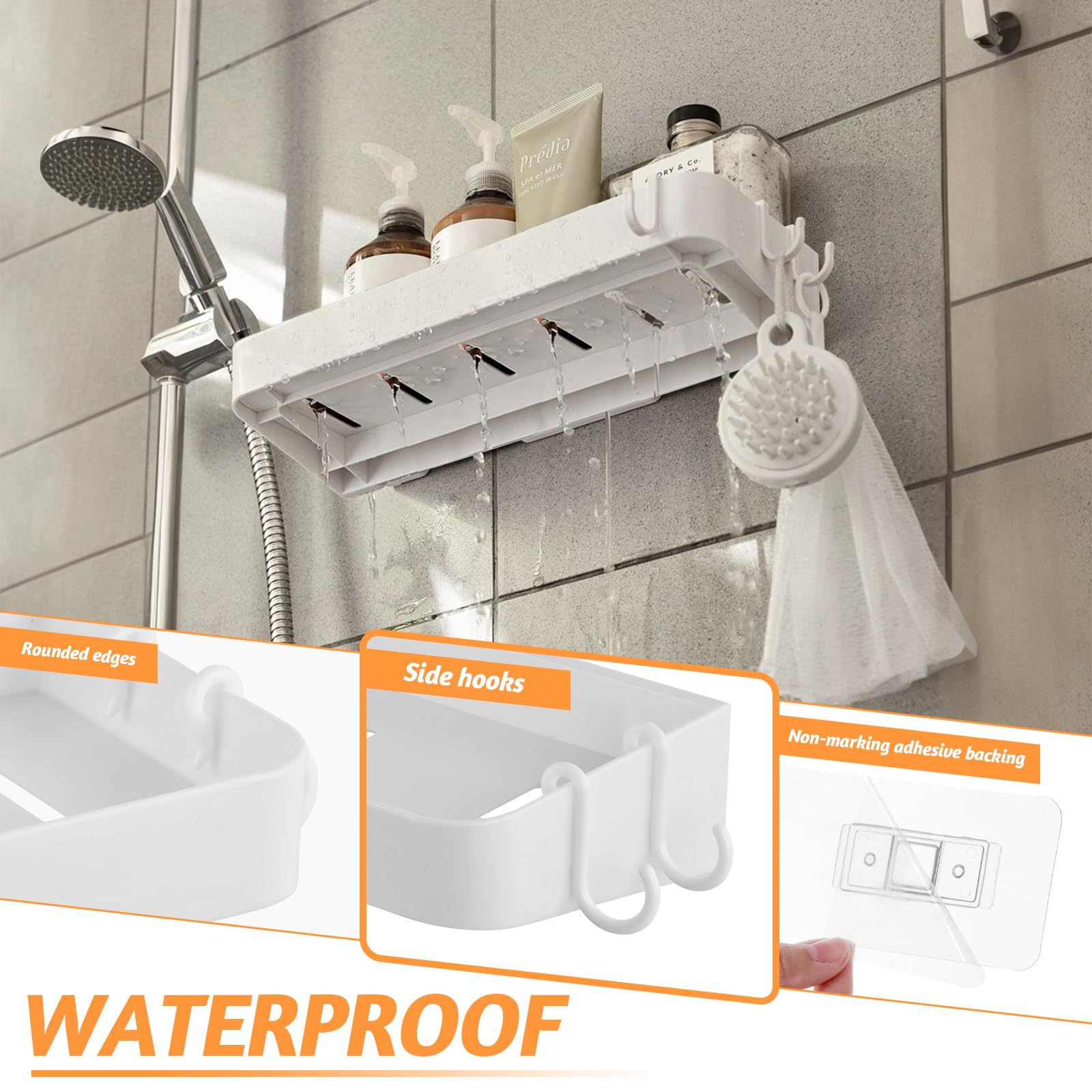 Półka prysznicowa bez wiercenia 2 szt., samoprzylepne półki łazienkowe organizer do przechowywania, organizer prysznicowy z 8 hakami, 40 cm organizer prysznicowy ścienny półka prysznicowa do