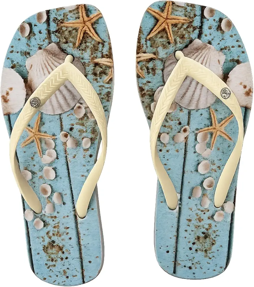 Chinelo Feminino Estampa Praia Conchas e Estrelas do Mar Confortável Leve Antiderrapante Casual Verão com Ponto de Luz