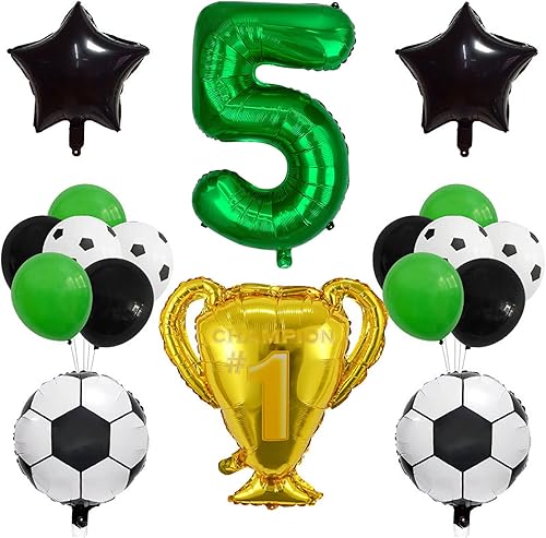 Juego de globos de copa de campeón de fútbol, decoración de cumpleaños número 5, globo de fútbol de aluminio verde con el número 5, globo de