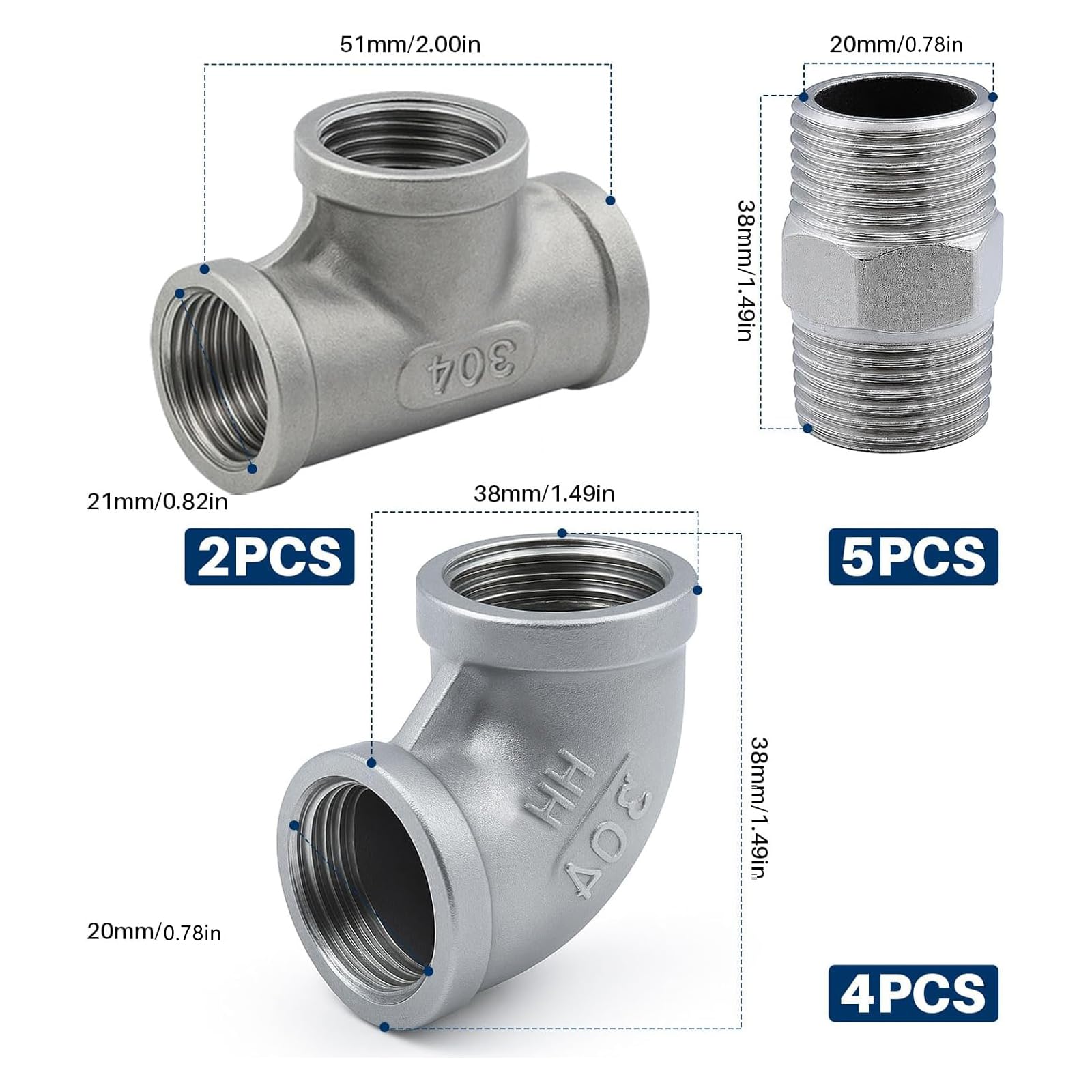 11 Stück DN15 Edelstahl Fittings, Edelstahl Doppelnippel T Stück Winkel 90 Grad 1/2 zoll Innengewinde Außengewinde für Wasserrohr Bewässerung, mit Teflonband