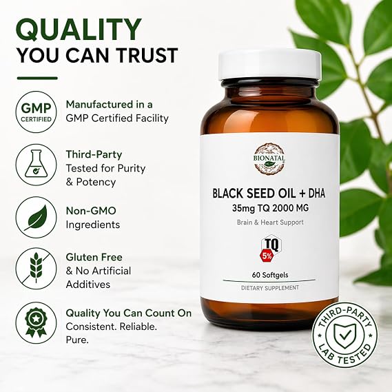 BioNatal Premium Black Seed Oil + DHA Softgels 5% Thymoquinone (TQ) Algal Oil Omega-3 & Organic Flaxseed Oil 2000mg Total Complex Supports Immunity, Brain, and Joint Health 60 Softgels
