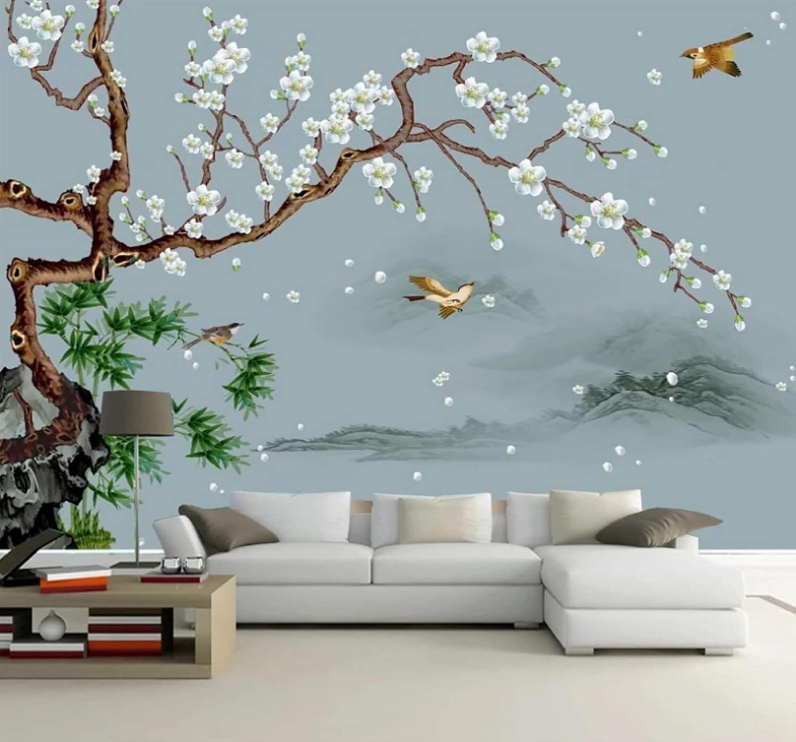 Fresh Hand Drawn Elegant Flowers and Birds Landscape 3D Wallpaper Easy Install Feature Office Living Room Sofa Bedroom TV Background Wall Decoration-400cm×280cm