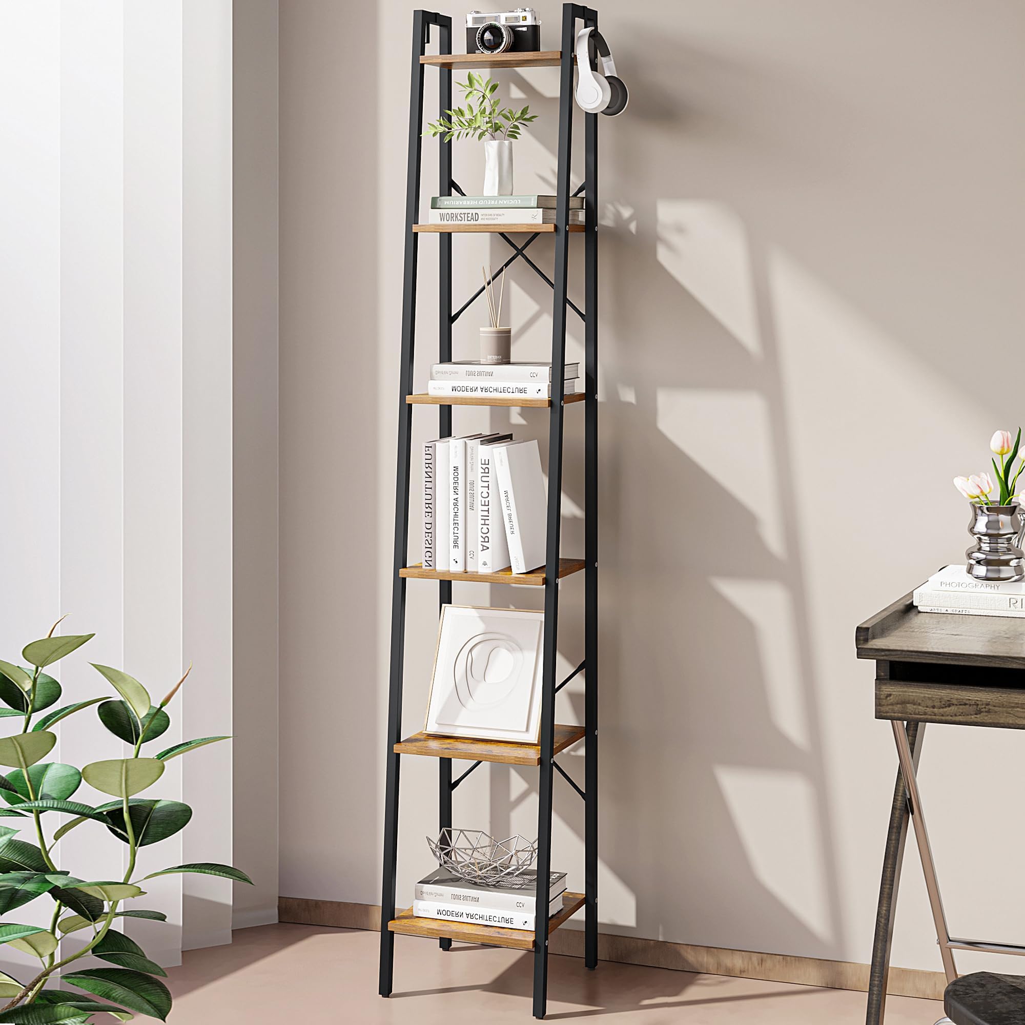 HYNAWIN Ladder Shelf 5 Tier Bookcase, Multipurpose Plant
