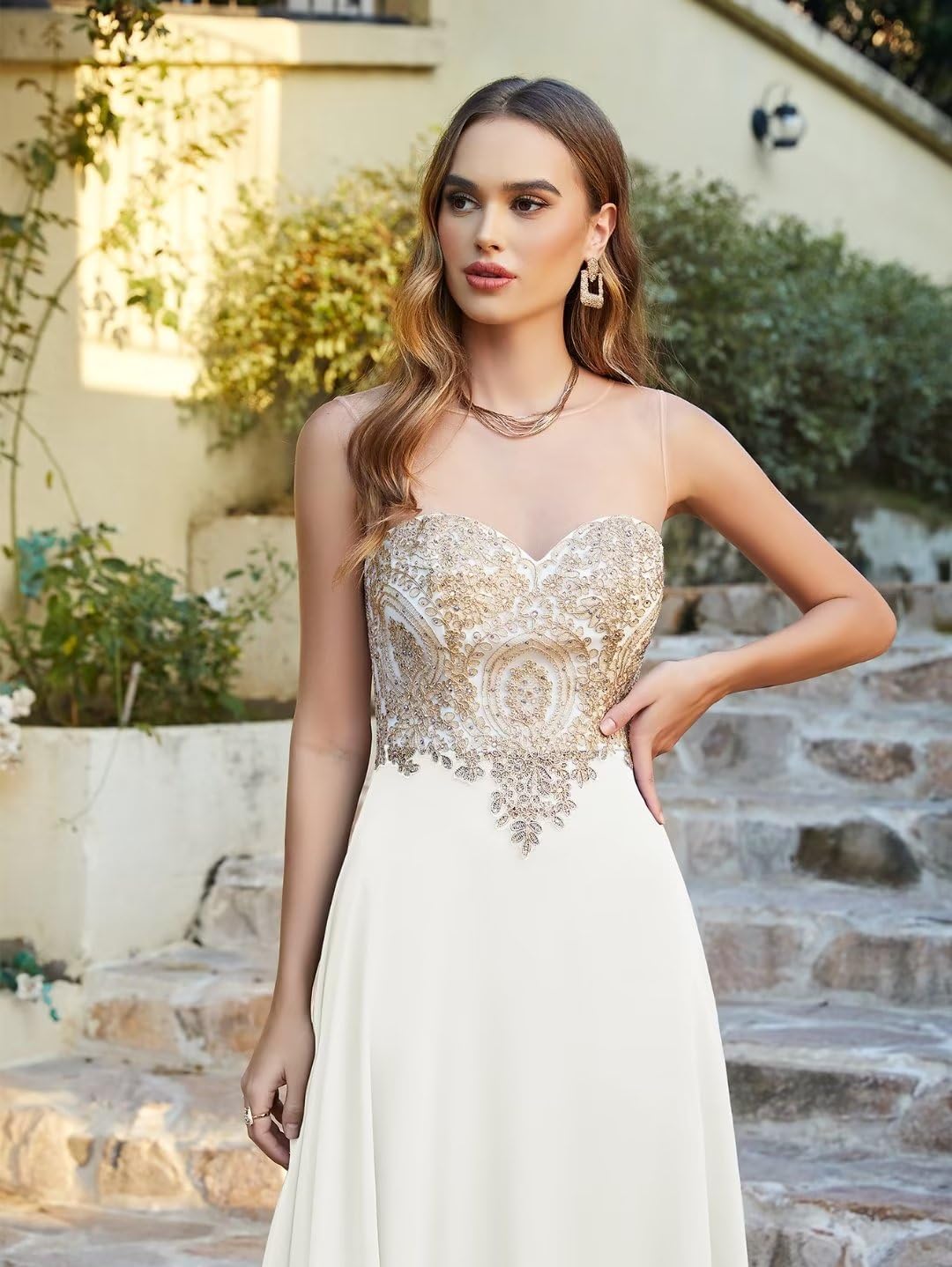 Misshow Robe de Soiree Femme Chic et Glamour Longue Robe de Mariée Ivoire Blanche 38