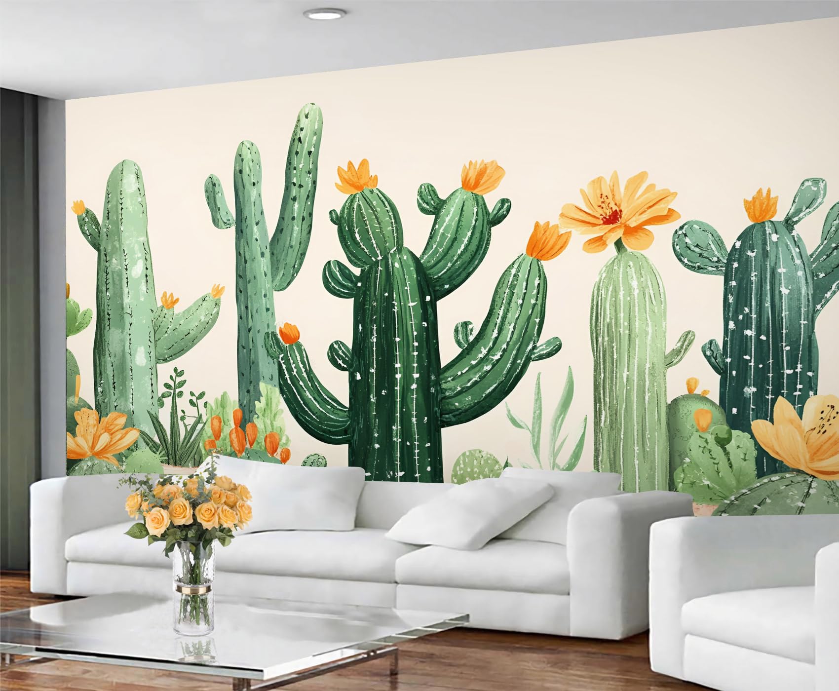 GIVLWF Cactus Wallpaper & Wall Decor, Cartoon Botanicals Bedroom Wallpaper, Desert Wall Paper for Living Room, Large Mural - Non Self Adhesive