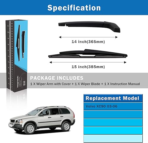 Miniatura 5 de WTI Juego de limpiaparabrisas trasero compatible con Volvo XC90 2003-2006 SUV, kit de limpiaparabrisas trasero, accesorios de repuesto para 8659502