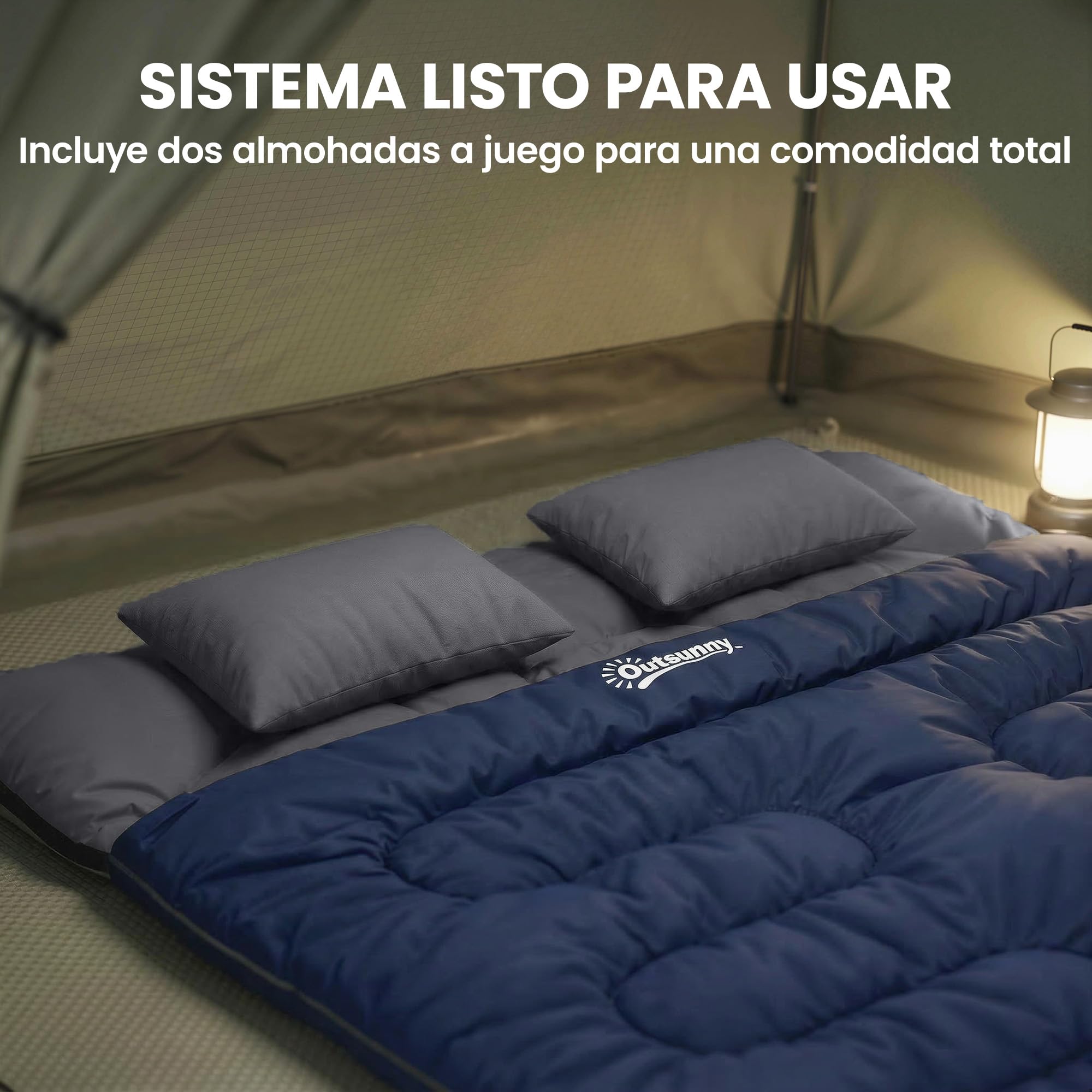 Outsunny Saco de Dormir Doble Adulto, Ligero, Tamaño Queen para 2 Personas 3 Estaciones, Saco de Dormir Rectangular con 2 Almohadas y Bolsa Transporte, para Días Fríos, Acampar, Senderismo Azul Oscuro