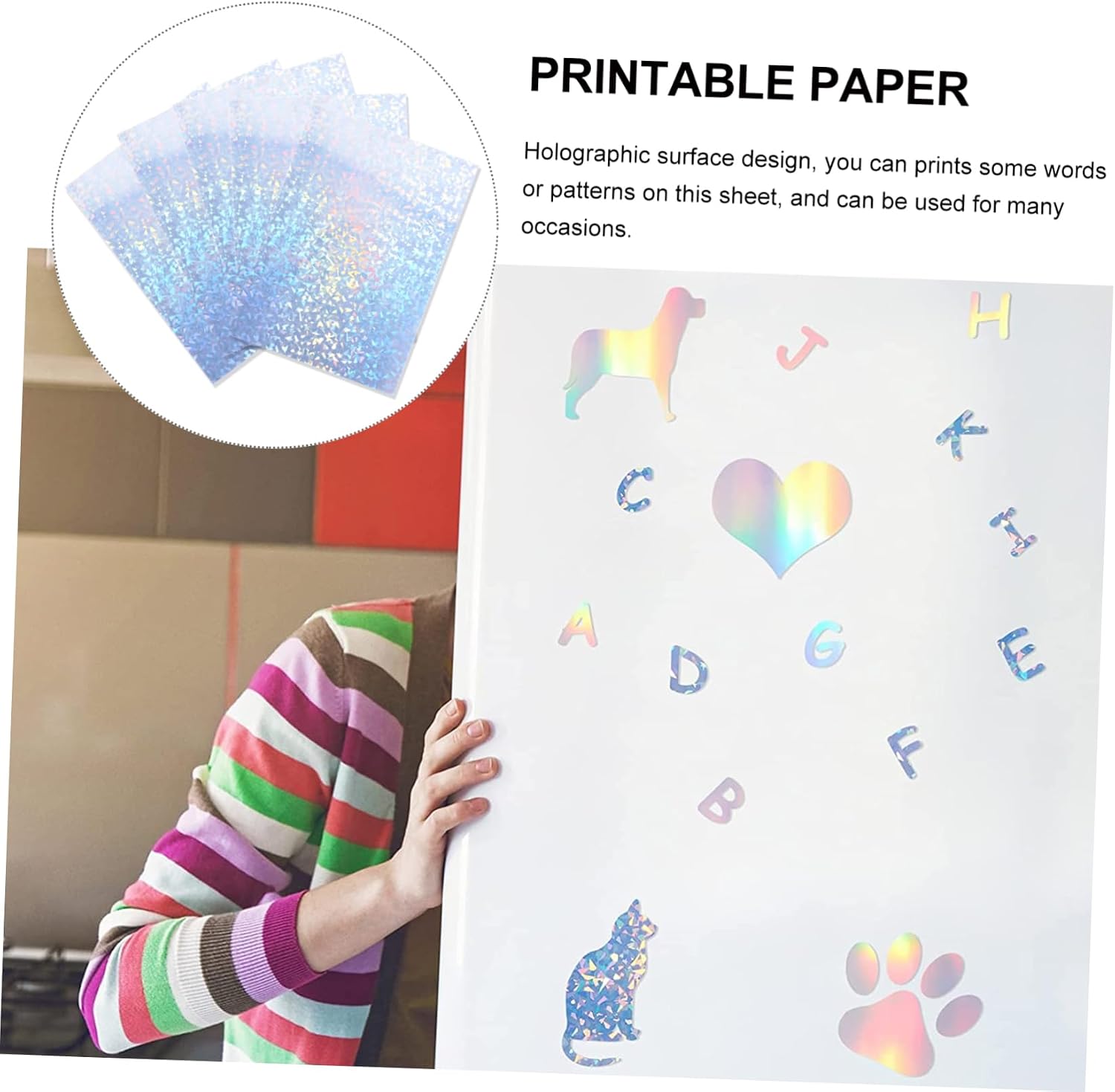 TEHAUX 20sheets Adhesive Holographic Printable Paper for Printing Self-adhesive Sticker Paper for Custom Stickers Labels Home Office and School Use