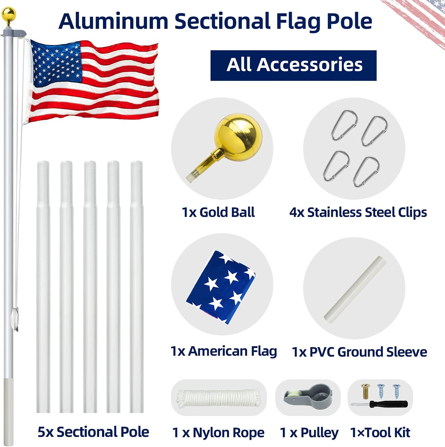 VAIIGO 25FT Sectional Flag Pole Kit, Heavy Duty Aluminum Flag Pole Fly 2 Flags, with Free 3 x 5 American Flag, Golden Top Ball and Clips Inground Flag Pole for Outdoor, Commercial, Residential Use