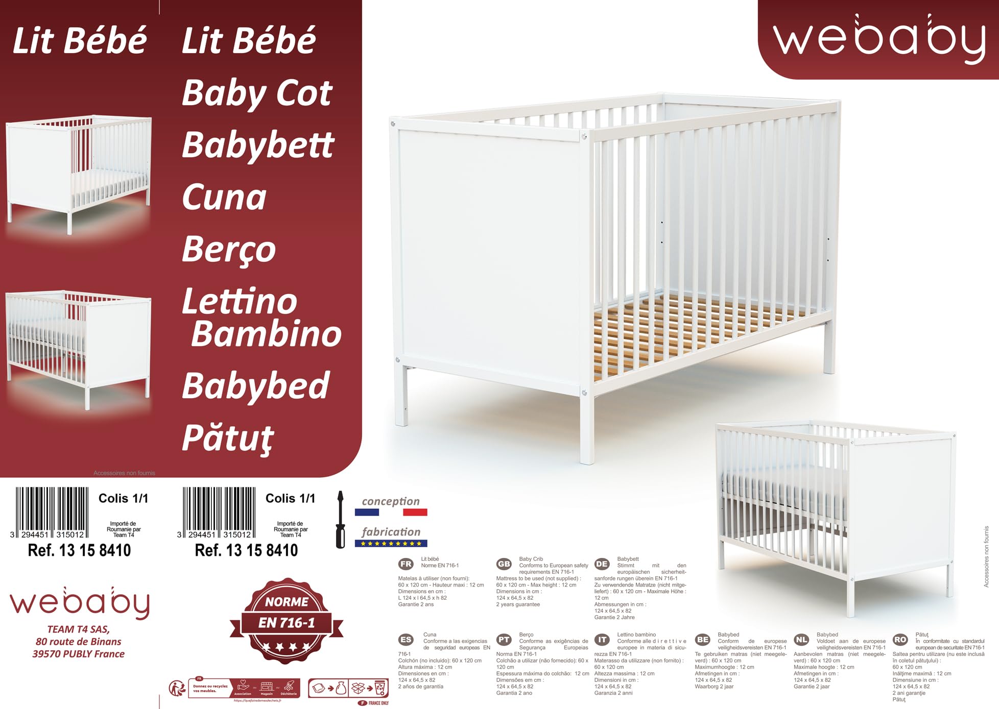WEBABY - Łóżeczko panelowe 60x120 Panda Biała ALBA | 124 x 64,5 x 82 cm | Łóżko drewniane 100% lity buk | Regulowana podstawa łóżka na 3 wysokościach
