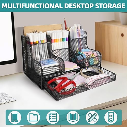 Miniatura 4 de Organizador de escritorio de malla negra y accesorios con 7 compartimentos, accesorios de escritorio multifuncionales de malla, organizadores de