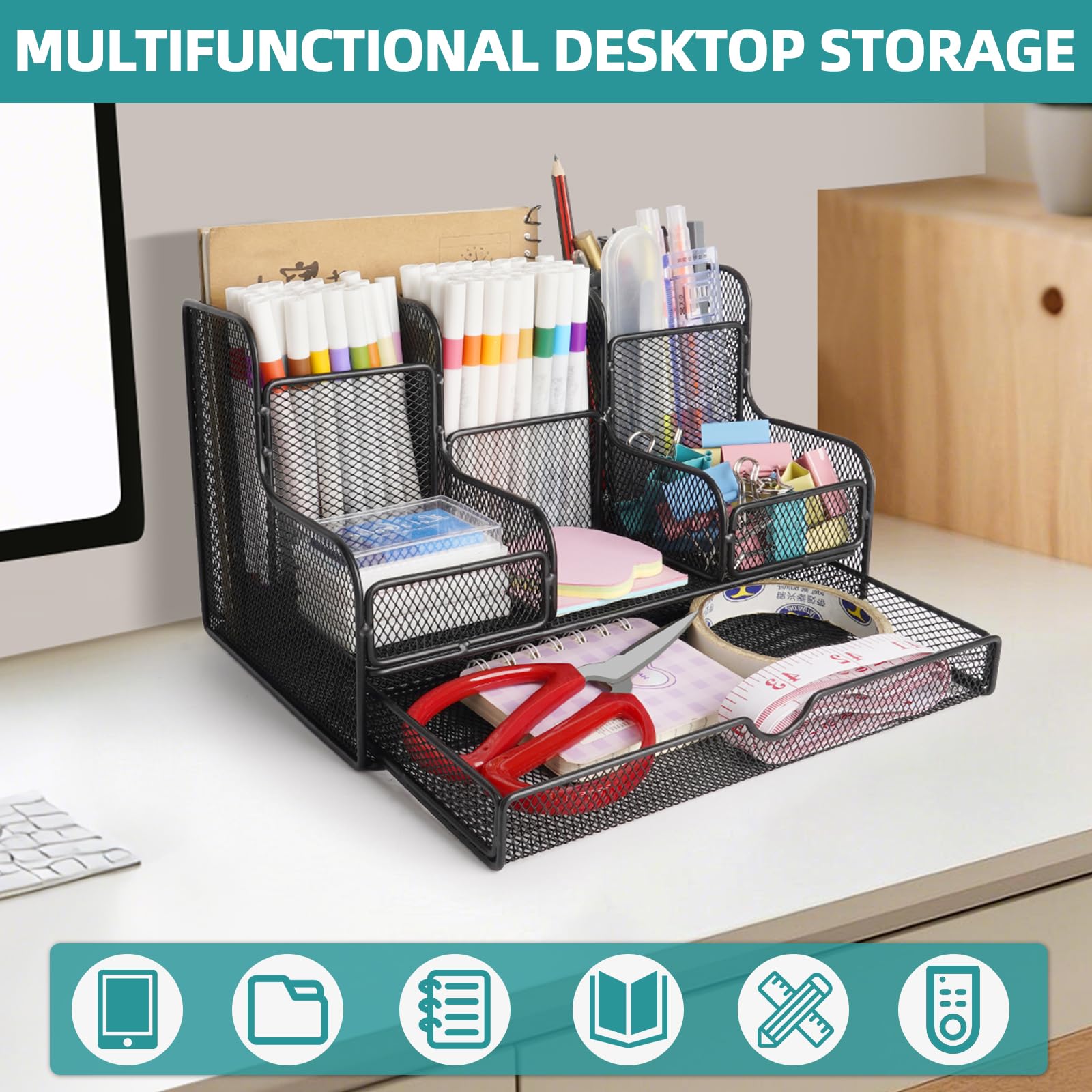 Schreibtisch Organizer, Stiftehalter Schreibtisch Organizer aus Netzstoff und Zubehör mit 7 Fächern, schwarzes Netz, multifunktionales Schreibtischzubehör, Bürobedarf für Zuhause, Büro