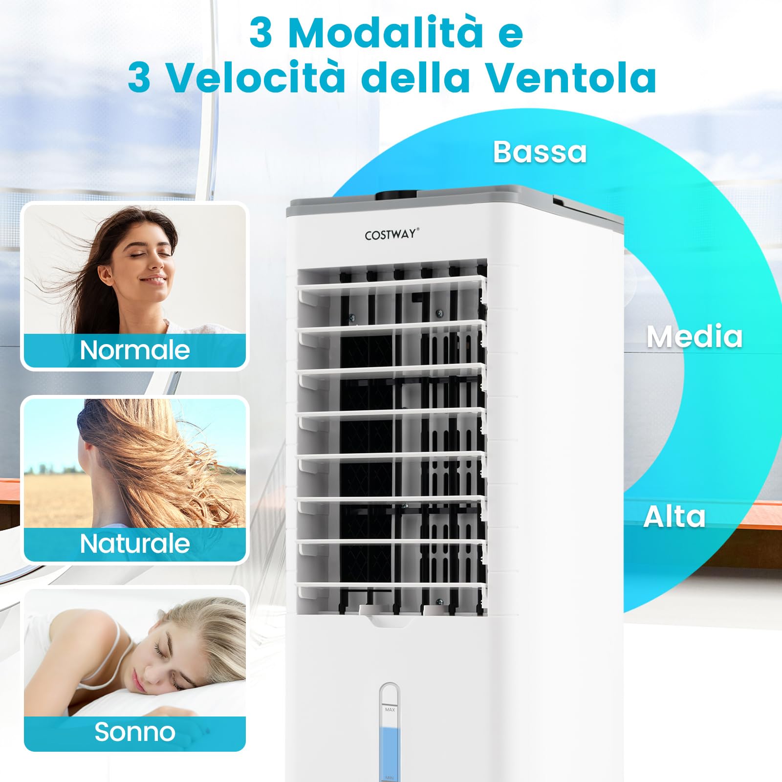 COSTWAY Condizionatore Portatile 3 in 1, Condizionatore d'aria Evaporativo portatile con Raffreddamento, Ventola e Umidificazione, 3 Velocità del Vento, 12H Timer, Doppio Serbatoio d'acqua(Grigio)