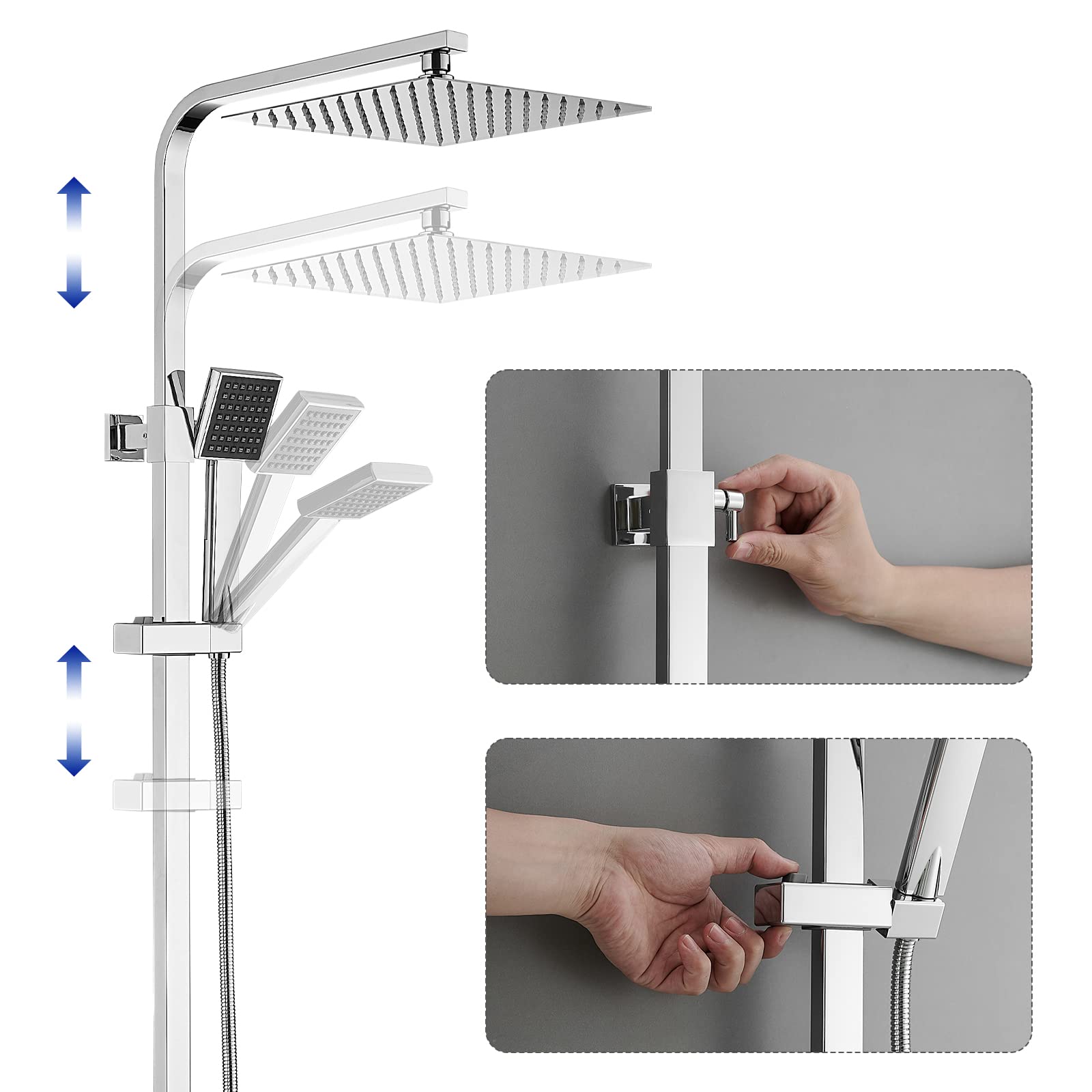 System prysznicowy ze stali nierdzewnej z termostatem, zestaw prysznicowy z kwadratową głowicą prysznicową 25 x 25 cm
