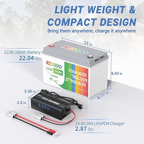 Miniatura 8 de Redodo Batería LiFePO4 de 12.8 V 100 Ah con cargador de batería de litio de 14.6 V 20 A; BMS de 100 A integrado, 5 horas de carga rápida y completa,
