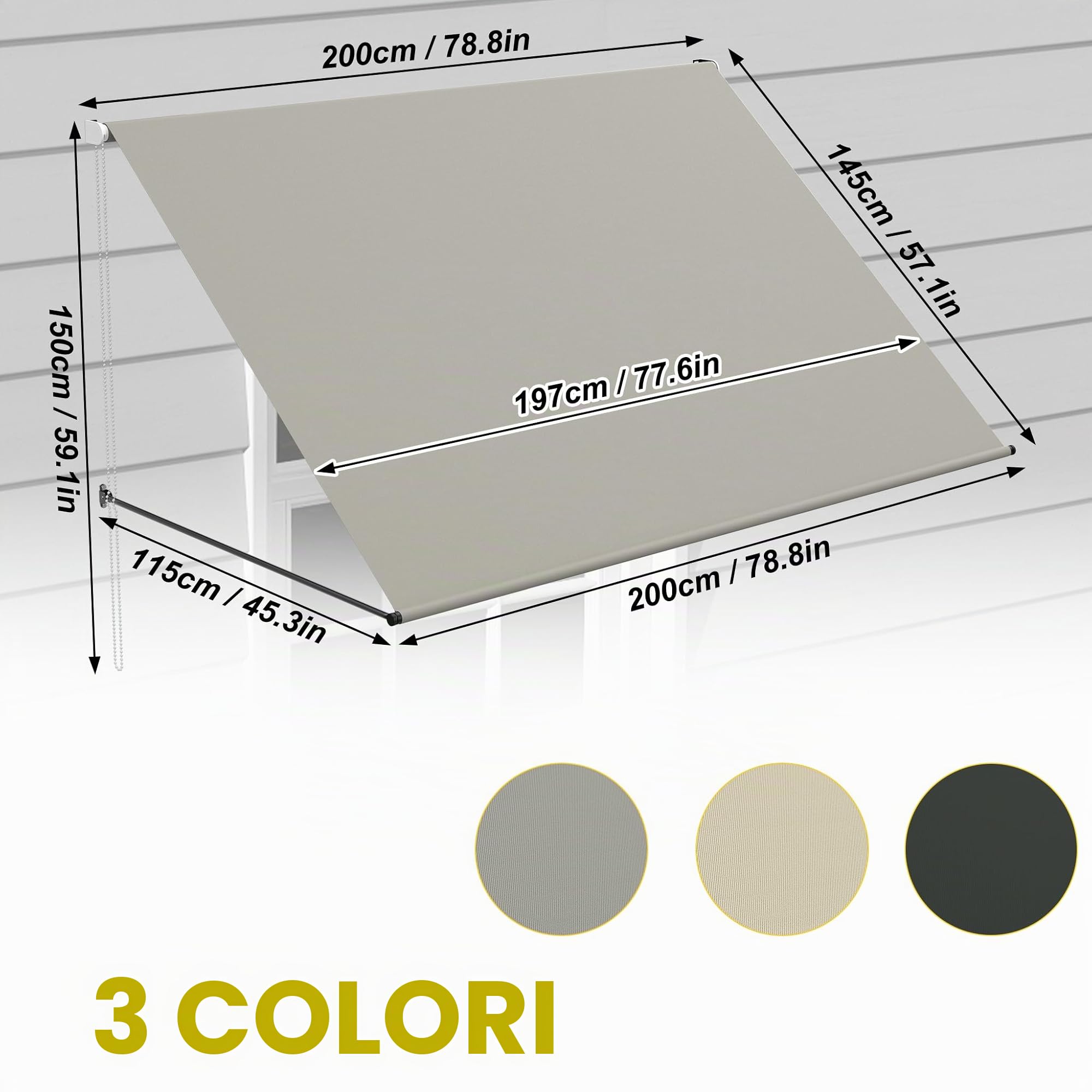 Tenda da sole a braccio snodato retrattile in alluminio 200x145 cm grigio per balcone terrazza finestra