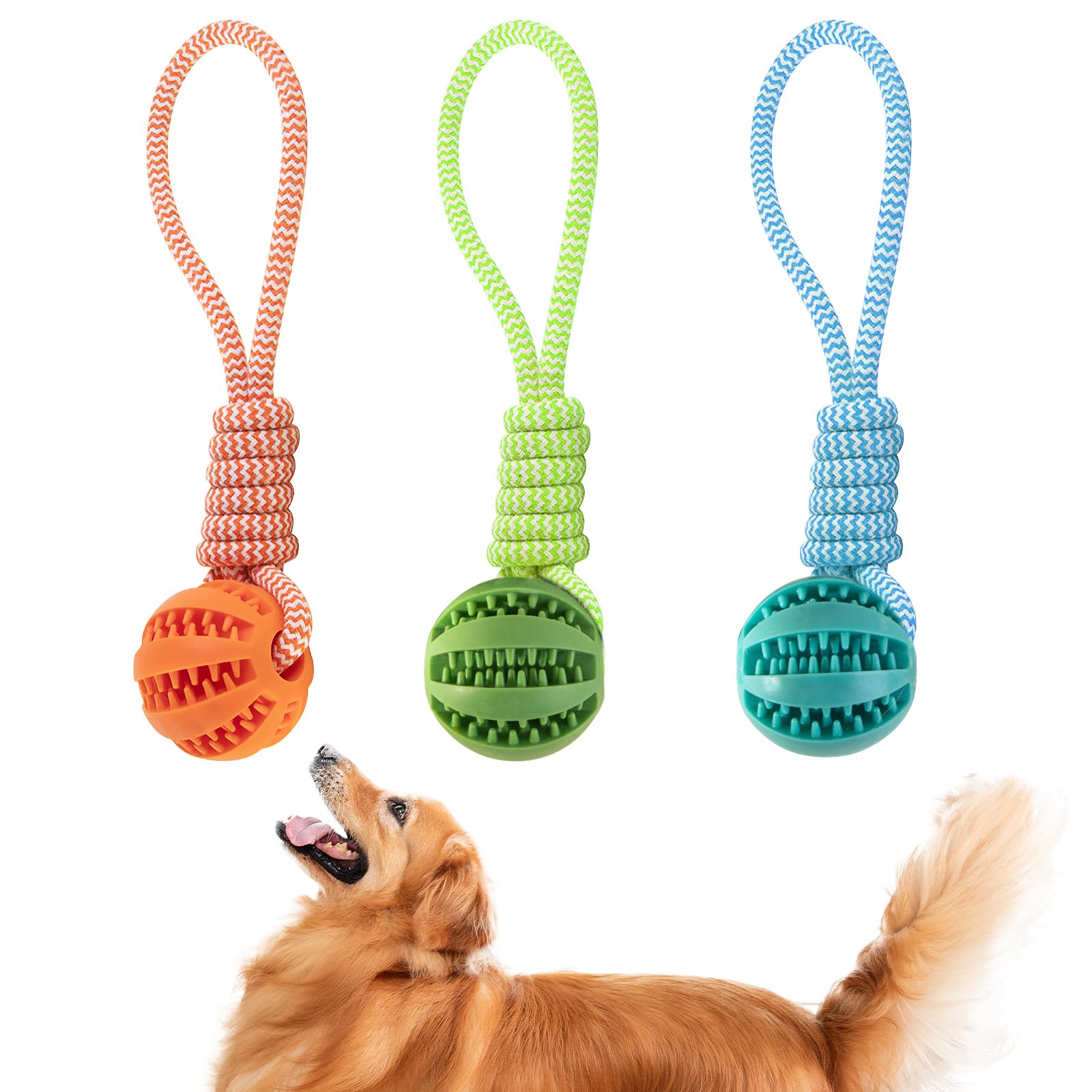 GmwyCzV 3 Stück Hundespielzeug,5cm Hundespielzeug Ball mit Seil Naturkautschuk Ball,Interaktives Hundeball Spielzeug,Kauspielzeug für kleine mittlere große Hunde für Zahnpflege (Blau Orange Grün)
