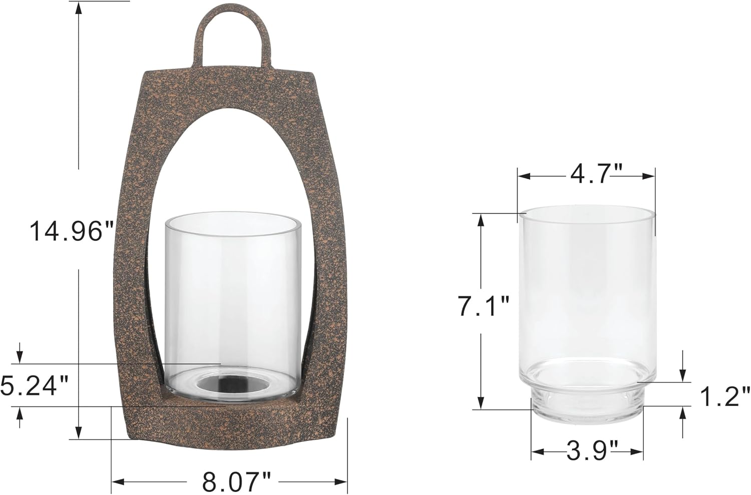 15" Twakutwaku Versatile Farmhouse Arch Metal Lantern in Rustic Brown with Handmade Thick Glass Candle Holder for Pillars & Plants, Hurricane Lantern, Glass Candlestick Holder, Glass Vase, Garden