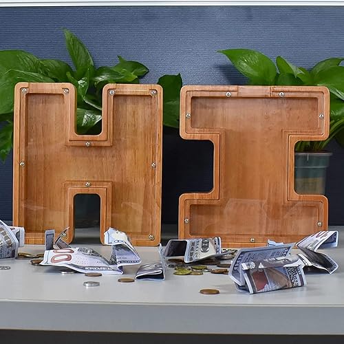 Miniatura 7 de JENPECH Alcancía de madera con letras para niños y niñas, 26 letras del alfabeto, caja de ahorro de dinero transparente, regalo creativo para