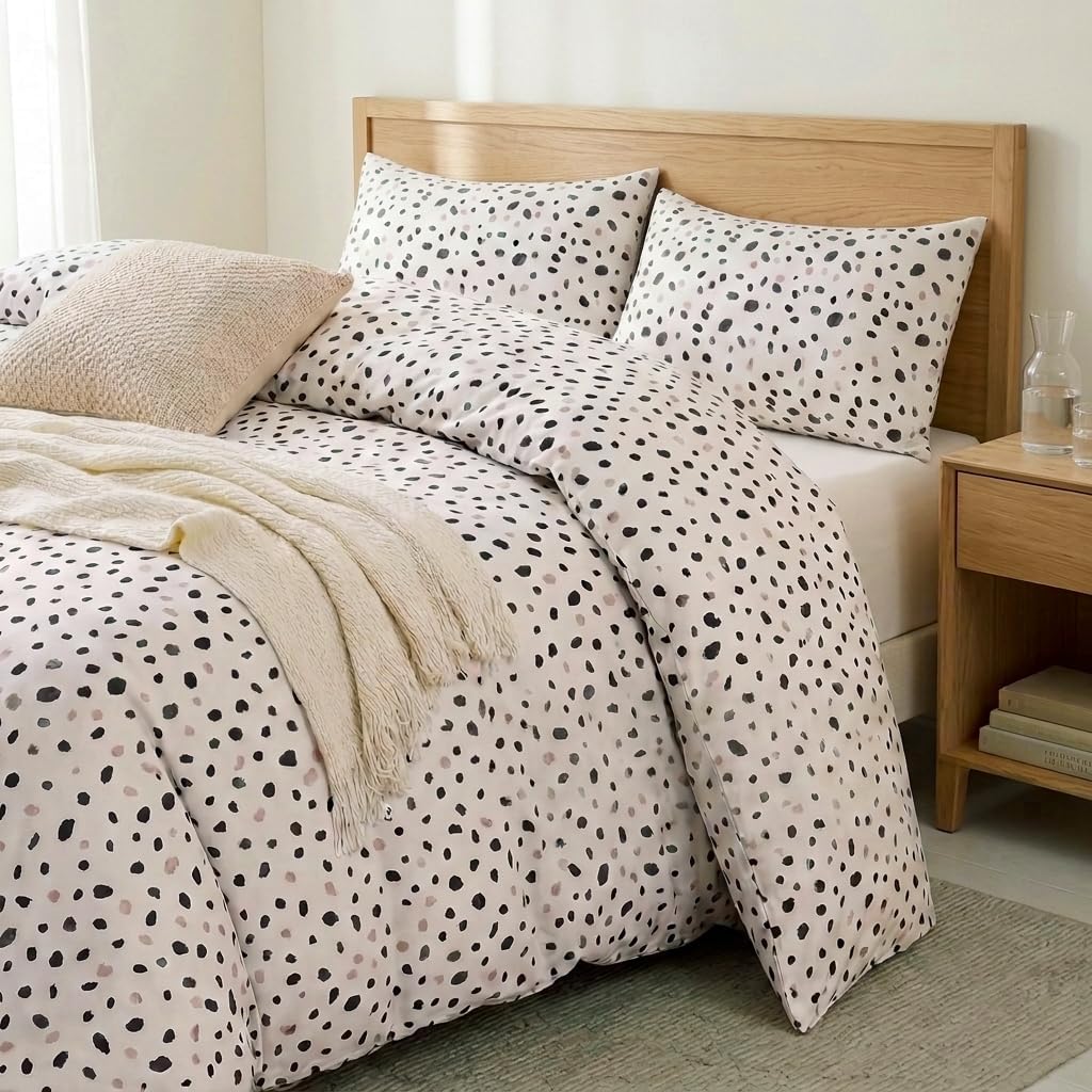 100% Cotton Duvet Cover Queen Size, Pink and Brown Dalmatian Spotted Bedding Set with Zipper Closure, Modern Irregular Speckled Comforter Cover with 2 Pillowcases for All Seasons
