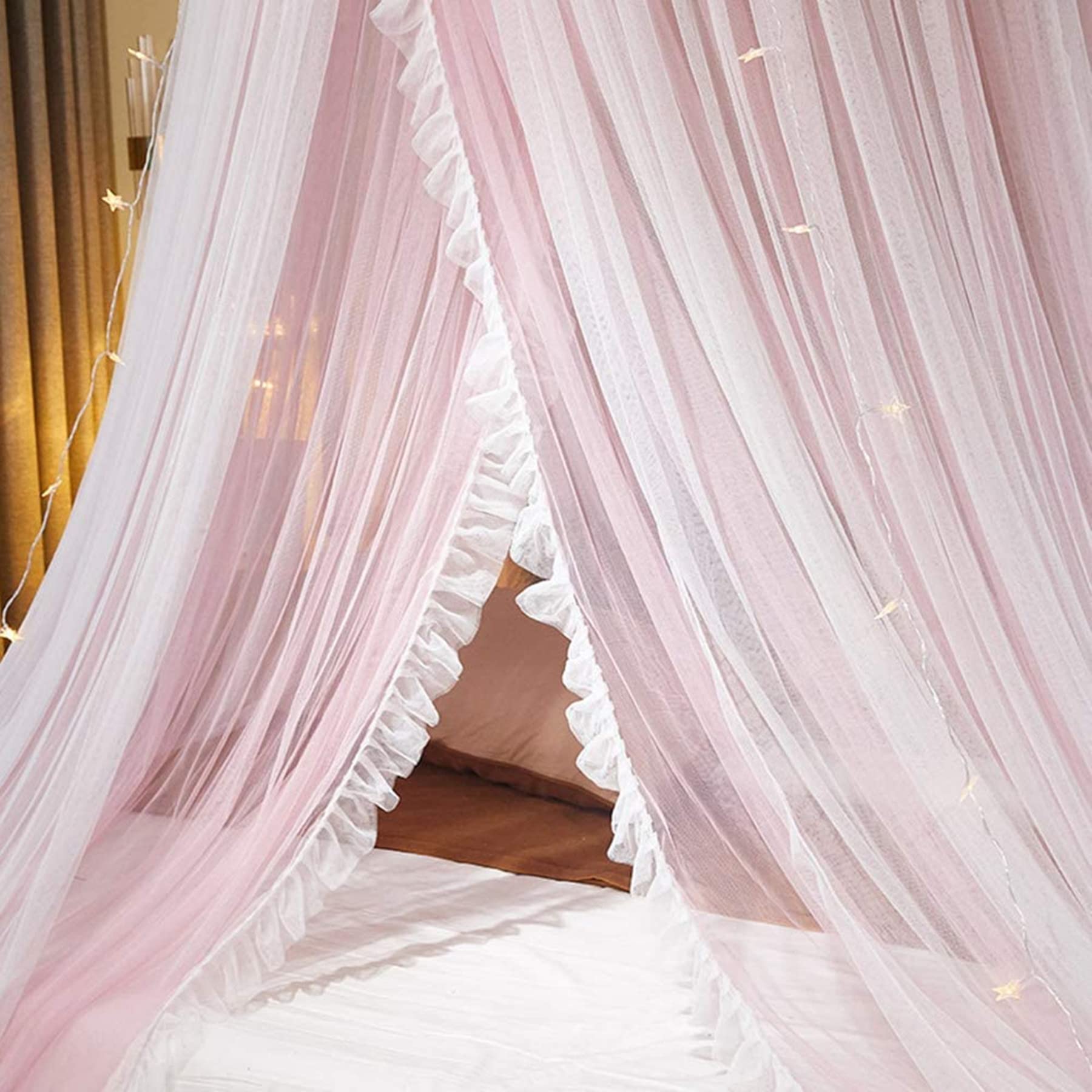 Baldaquin de lit Princesse pour Filles Rideau de baldaquin Double Couche Voile Transparent Dôme Rideau de lit en Dentelle Ronde Moustiquaire deTente pour décoration de Chambre(Rose/Blanc)