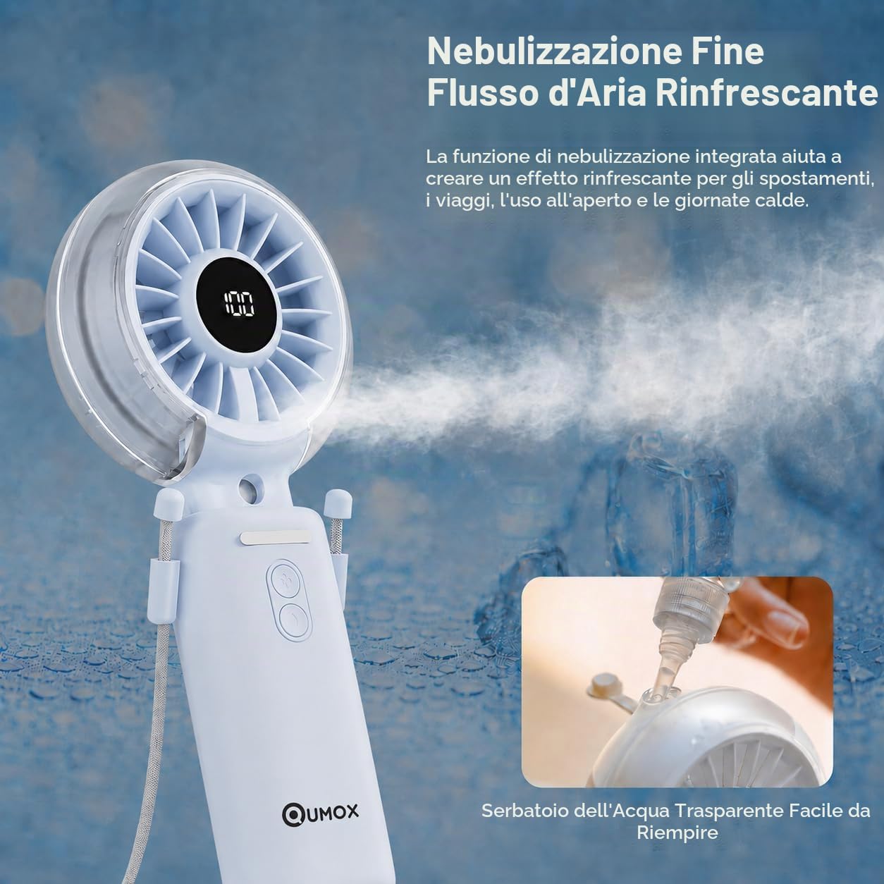 QUMOX Ventilatore Portatile con Nebulizzatore, Mini USB Ricaricabile Pieghevole con Display Batteria Digitale, 3 Velocità, Ventilatore da Mano e da Tavolo per Ufficio, Viaggio,Spiaggia Estate (Blu)