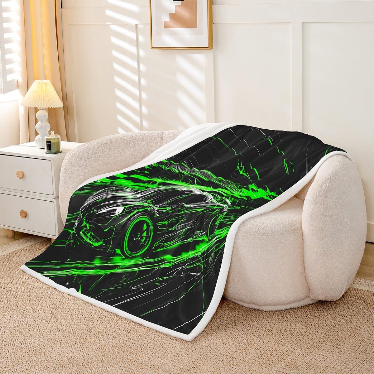 Racing Car Kids Fleece Blanket,Cool Race Car Green Neon Light Throw Blanket for Adult,Sports Theme Geometric Stripes Lightweight Polyester Sofa Sherpa Blanket, Queen (90 x 90 Inch)
