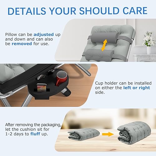 Miniatura 6 de Slendor Zero Gravity - Silla reclinable con bloqueo mejorado y cojín extraíble, silla de campamento reclinable con bandeja portavasos, reposacabezas