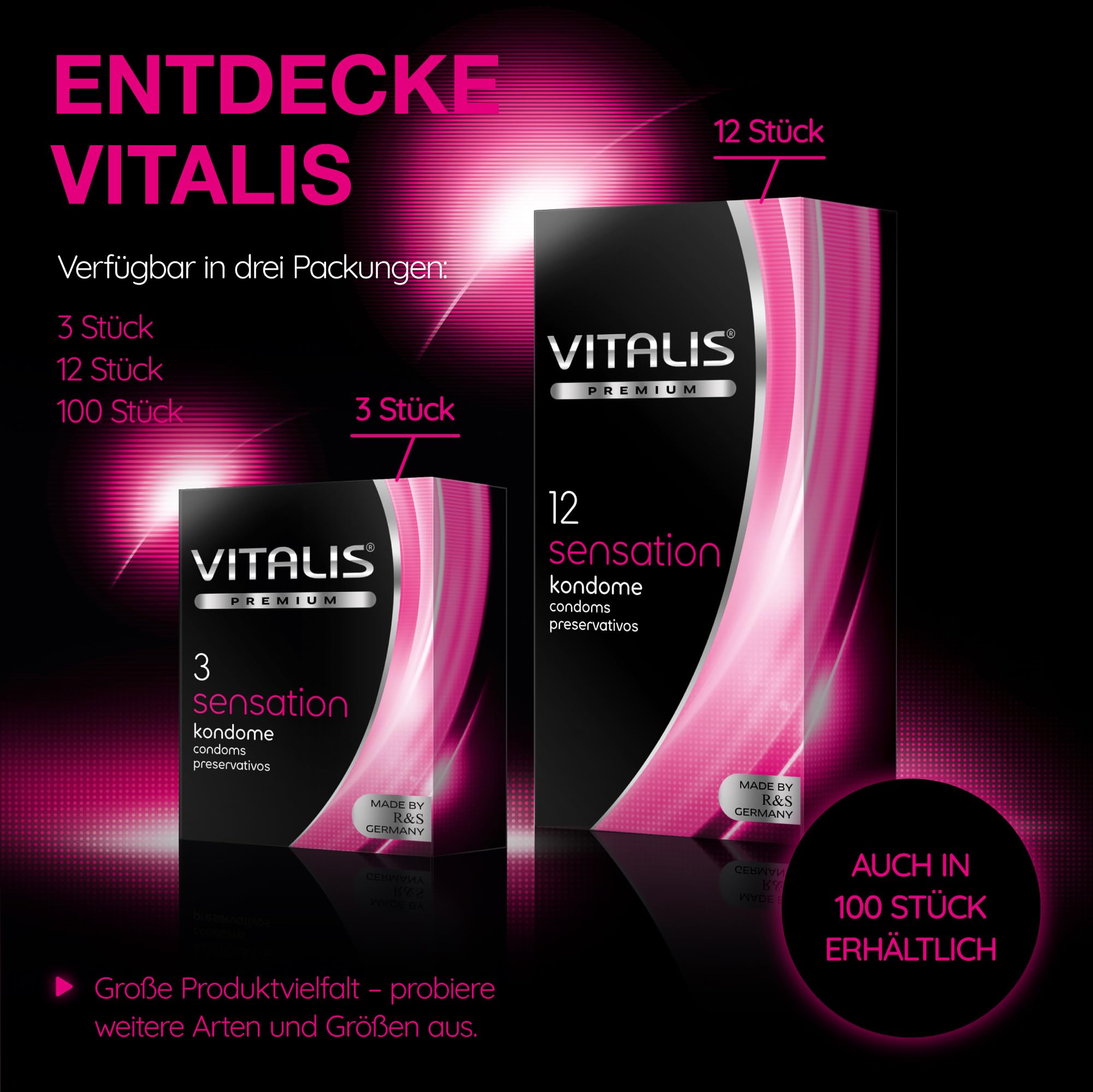 VITALIS 100 Kondome Pack Sensation mit Riefen & Noppen, Nennbreite 53 mm, 100 Premium genoppt mit Riefen