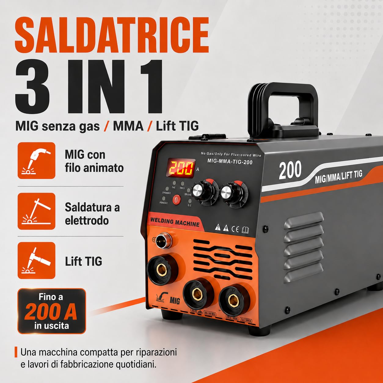 VOBOR Saldatrice a Filo Continuo Senza Gas 200A, 220v Sinergia Elettrodo Saldatrice 3 In 1 MIG/ARC/Lift TIG IGBT Inverter Saldatore con Filo 1,0 MM Rod,Pistola di Saldatura MIG