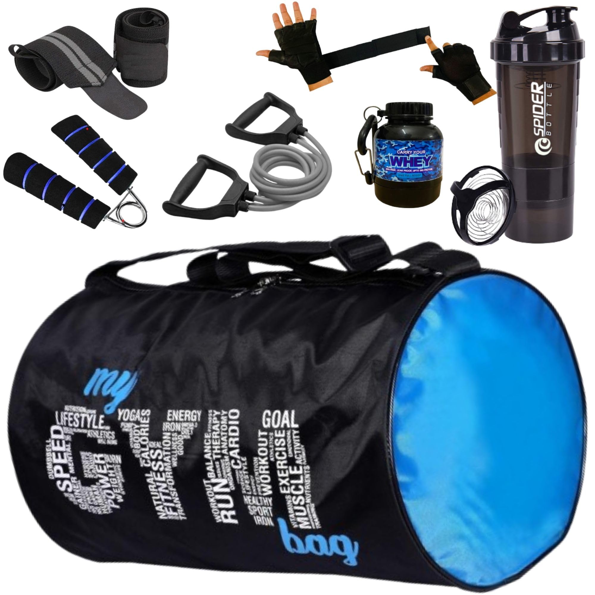 (Pack of 7) My Gym Bag Combo for Men, Shaker Bottle Gym Gloves l Whey Container Toning Tube Gym kit for Men and Women Gym Bag & Fitness Kit & Premium Bag Combo (Black)-image-7