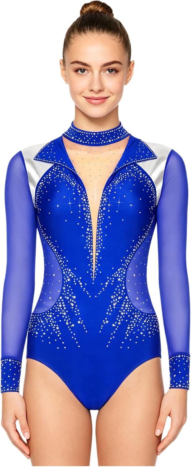 Women Gymnastics Dance Leotard Long Sleeve Metallic Shiny Patchwork Figure Skating Bodysuit for Ballet