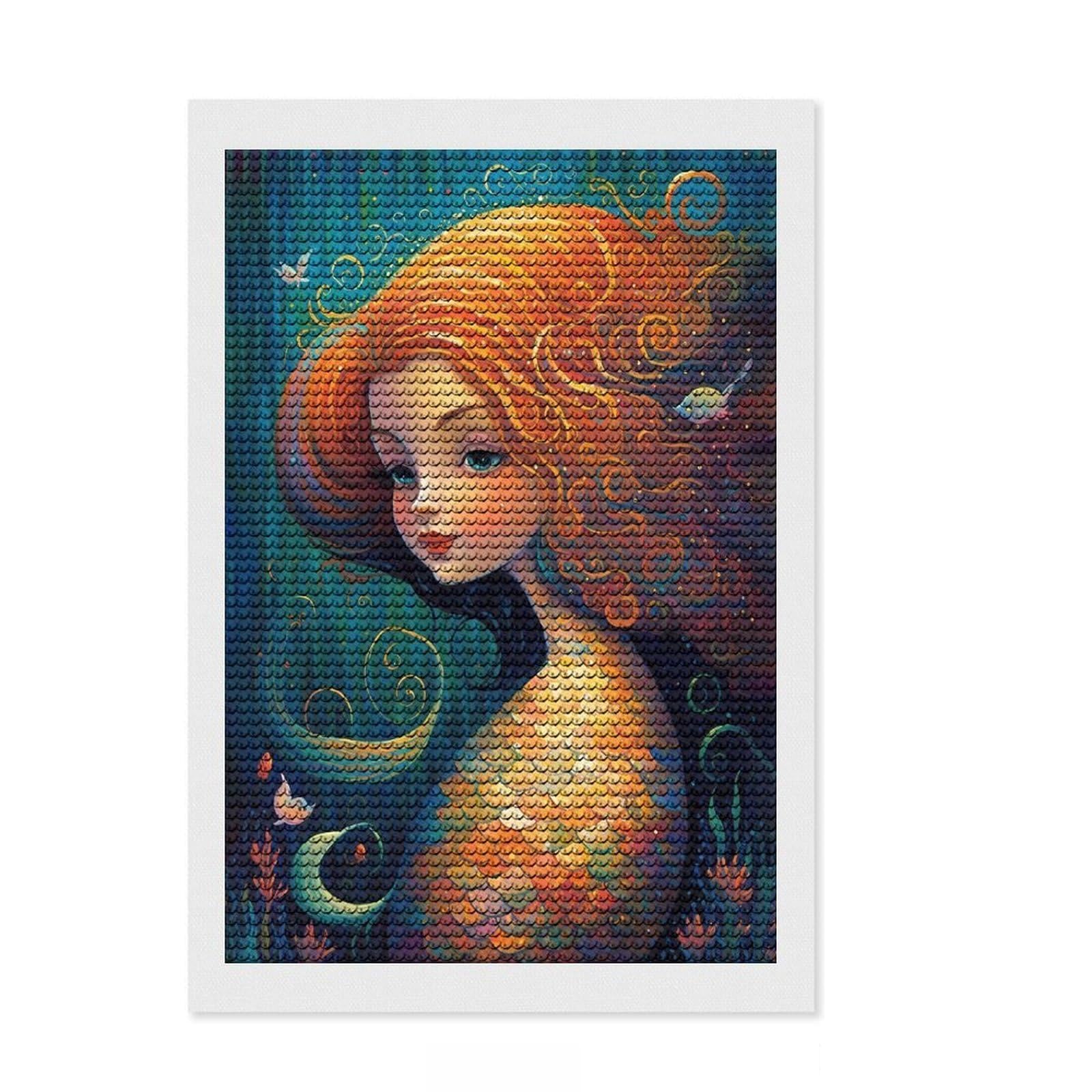 Junmoney Mermaid Enchanted Isle Diamond Painting Canvas Set 8"x12", for Beginners, Nice Detail and Sparkle, Farmhouse Decor, Festive Craft Gift
