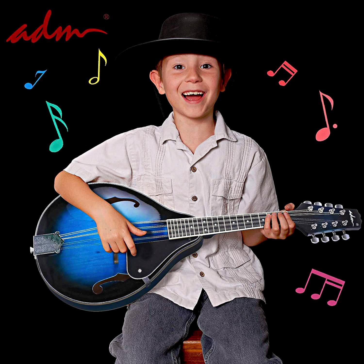 ADM Akustisches Mandolinen-Instrumenten-Set, Musik, A-Stil für Kinder, Studenten, Erwachsene, Holz-Mandolinen, Anfänger-Set mit Tasche, Stimmgerät, EQ, Gurt, Saiten, Plektren und Aufhänger, Blau