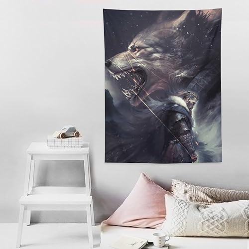 Miniatura 8 de Tapiz de mitología nórdica griega de dioses, tapiz de pared Fenrir Dios Tyr para habitación, pintura estética, tapices de dormitorio, sala de estar,