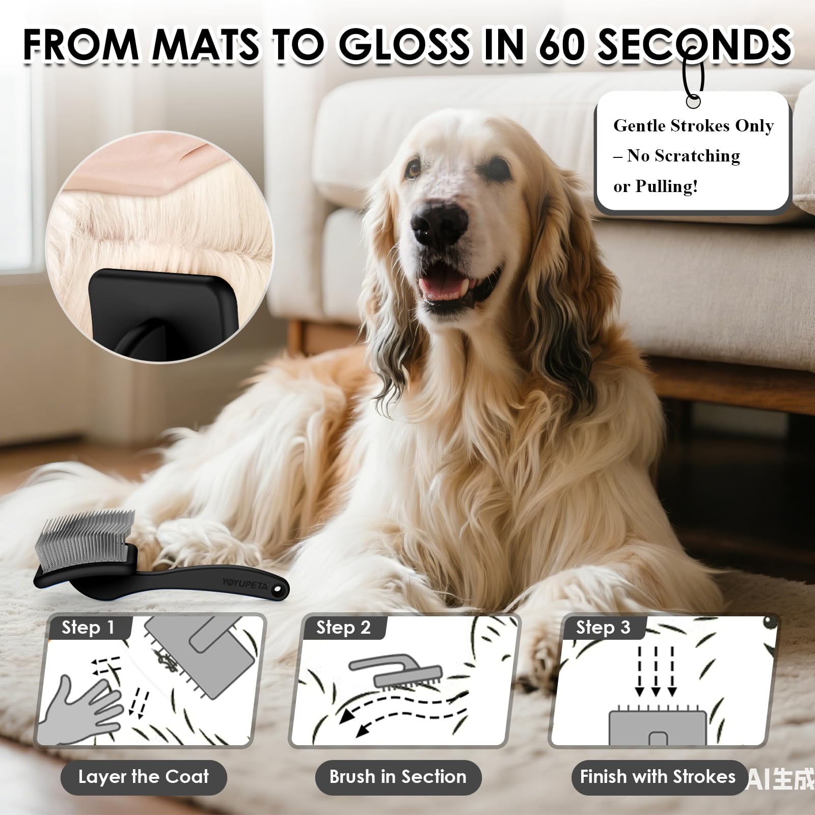 Grande brosse à démêler pour chiens – Brosse longue pour tapis et perte de poils sur chiens à poils longs, gribouillages, caniches, dorés, labradoodle, kit de toilettage 3 pièces avec manche