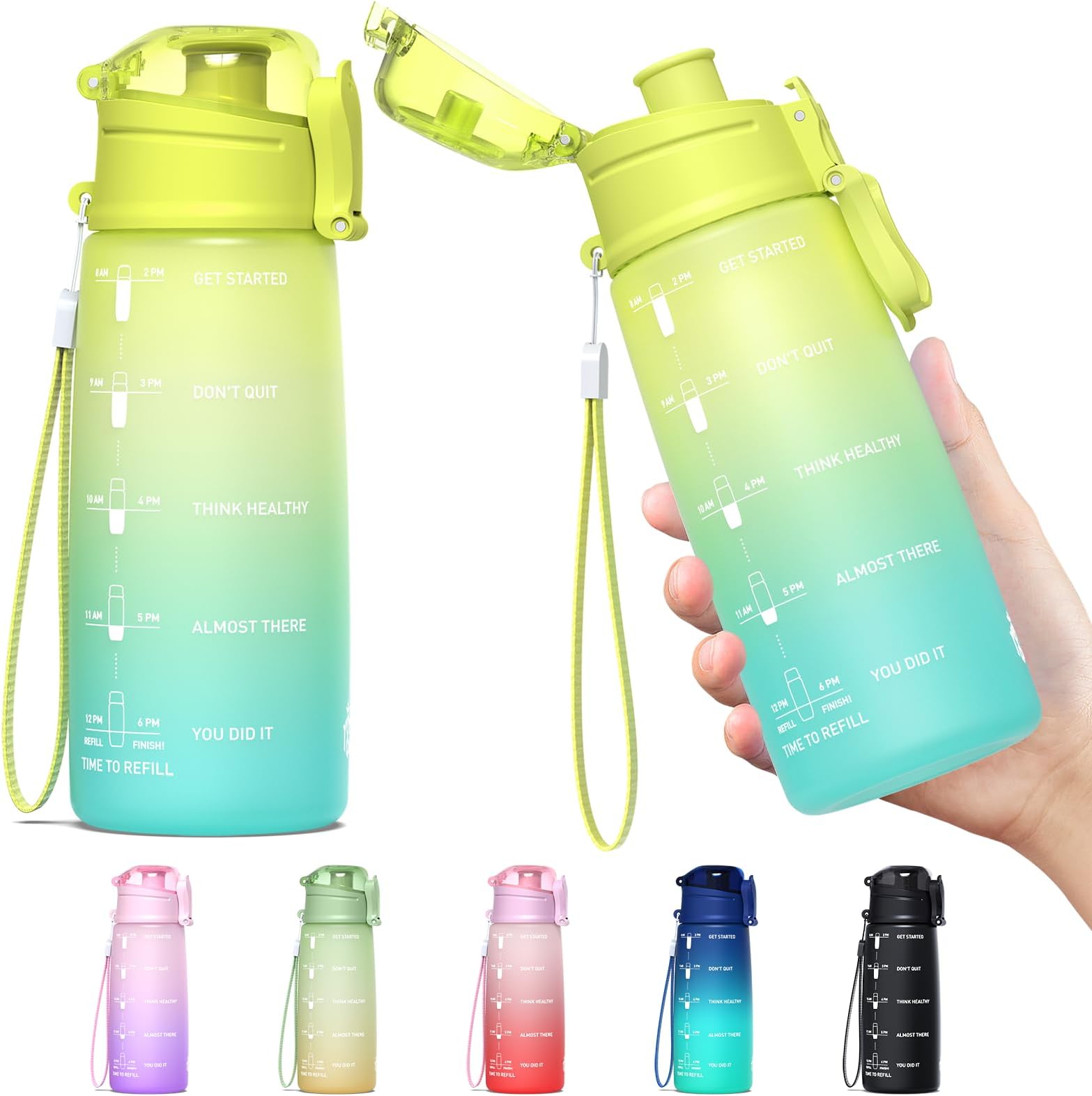 32oz 24oz Motivational Fitness Sports Water Bottle With Time Marker, BPA Free Tritan Plastic, Leakproof Flip Top, For Gym, Outdoor, Office Work (Yellow Green Gradient, 24oz)