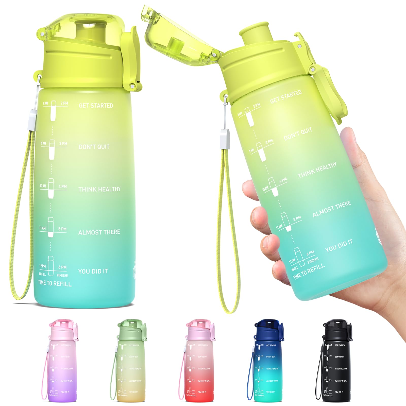 32oz 24oz Motivational Fitness Sports Water Bottle With Time Marker, BPA Free Tritan Plastic, Leakproof Flip Top, For Gym, Outdoor, Office Work (Yellow Green Gradient, 24oz)
