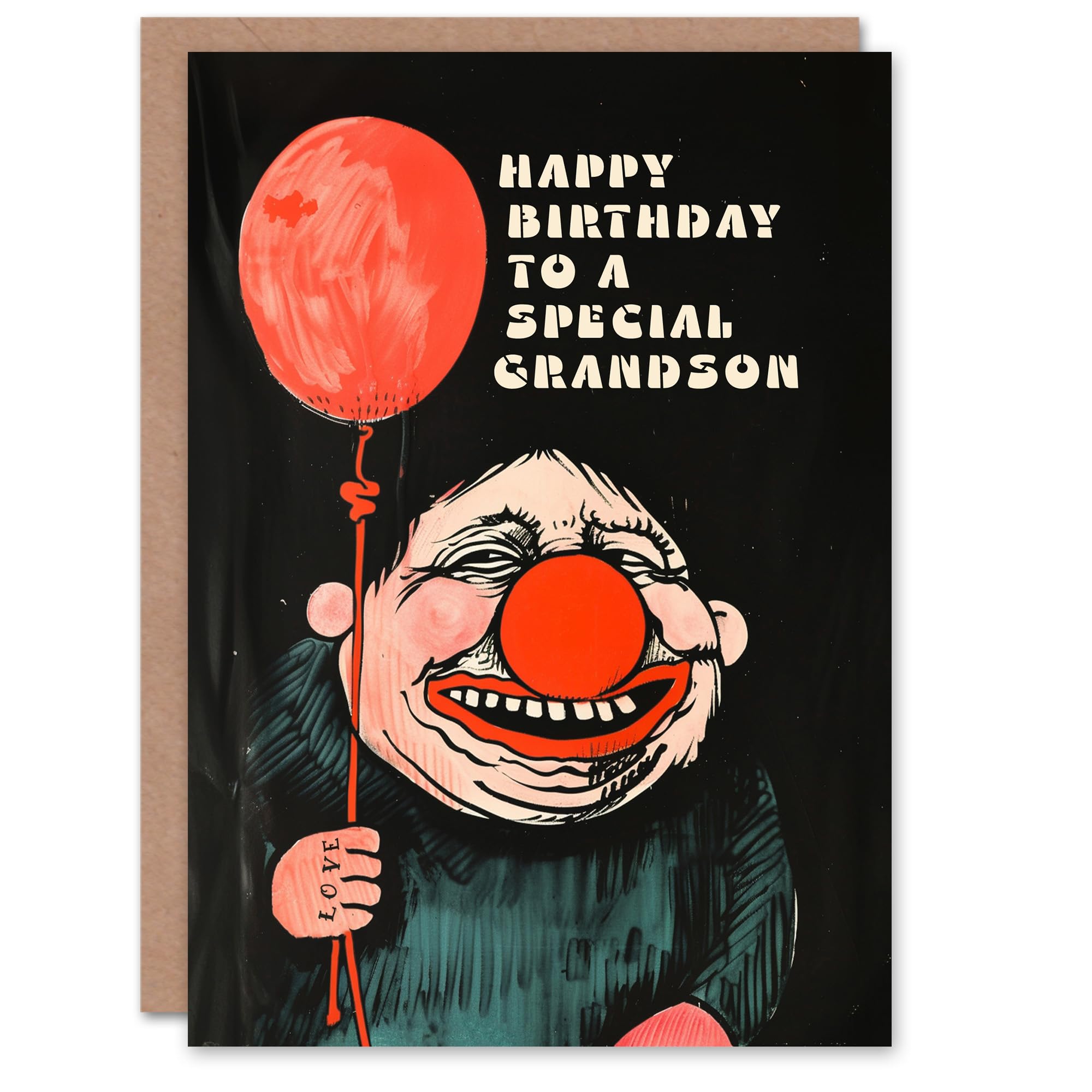 Artery8 Happy Birthday Card to a Special Grandson Creepy Clown Balloon Dark Fun Weird Odd