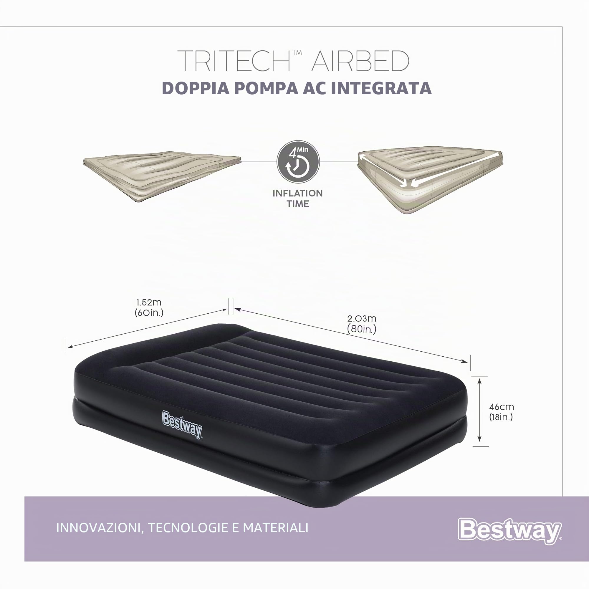 Bestway 67403-3 Materasso gonfiabile matrimoniale da 2.03 m x 1.52 m x 46 cm con pompa integrata