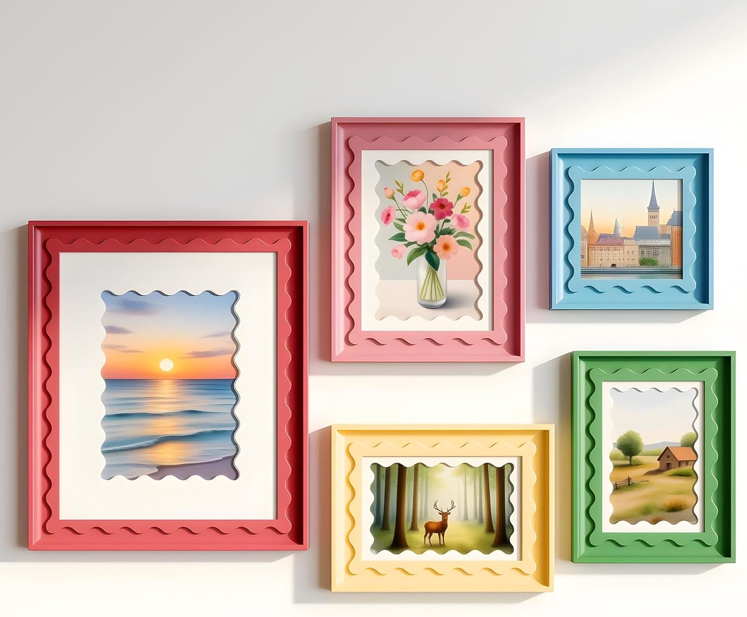 Vicenpal 5 Pack Colorful Scalloped Picture Frames 4 Sizes Cute Curved Picture Frames for Desktop Display Home Decor Family Friends Wedding Graduation Gifts(Pink, Green, Yellow, Blue, Red)