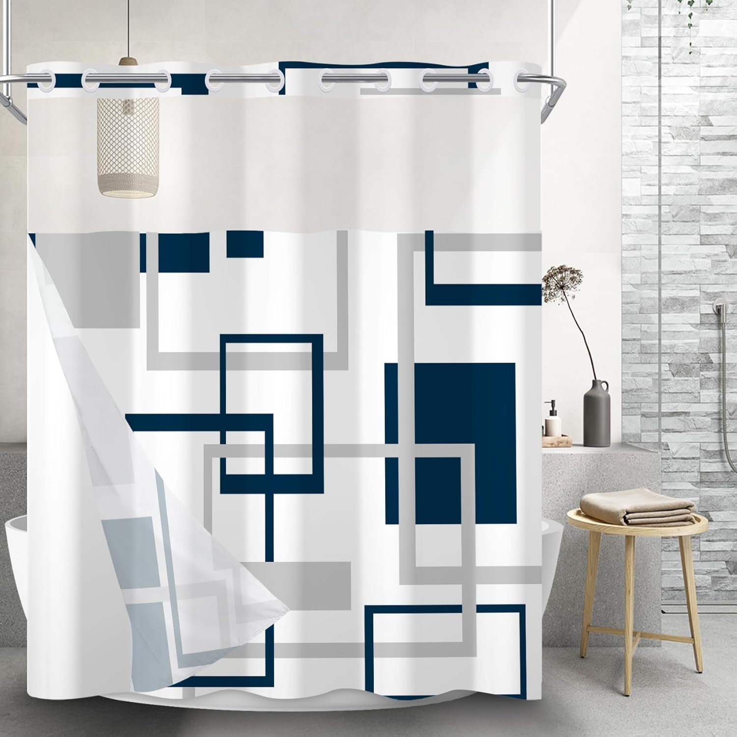 AWERT No Hook Shower Curtain with Snap in Liner Navy Blue Geometric Shower Curtain and Liner Set Double Layers Waterproof Fabric and See-Through Top Window Bathroom Decorative 71x83inch