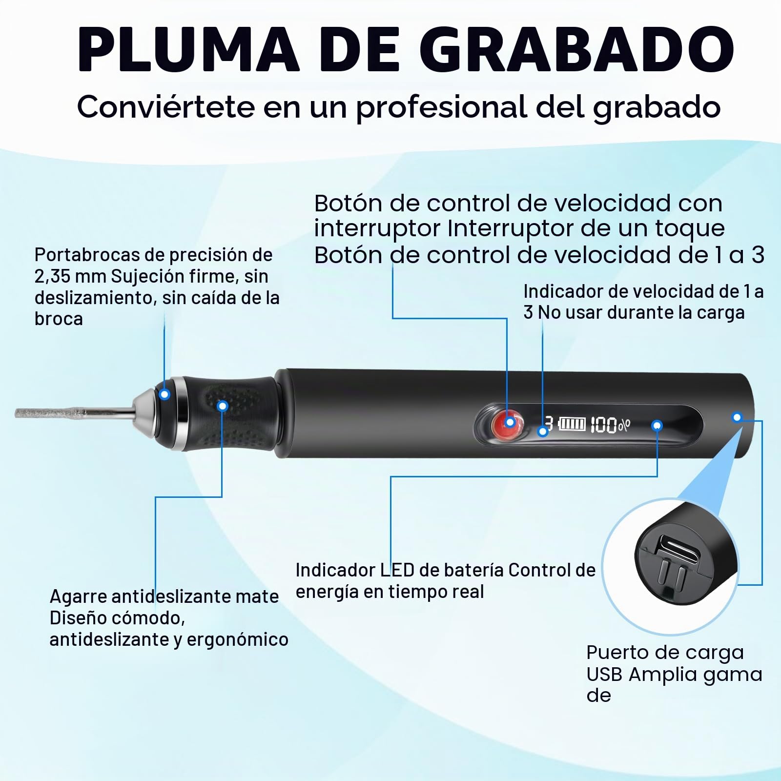 Pino de Grabado Eléctrico con 30 Bits Mini Bolígrafo Grabador, Herramienta de Grabado Portátil USB Carga Regulador de 3 Velocidades Hasta 25.000 U/min para Bricolaje Madera Vidrio Plástico, Negro